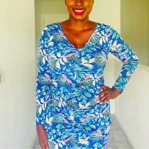 Guess Blue Tropicana V-Neck Ruching Dress